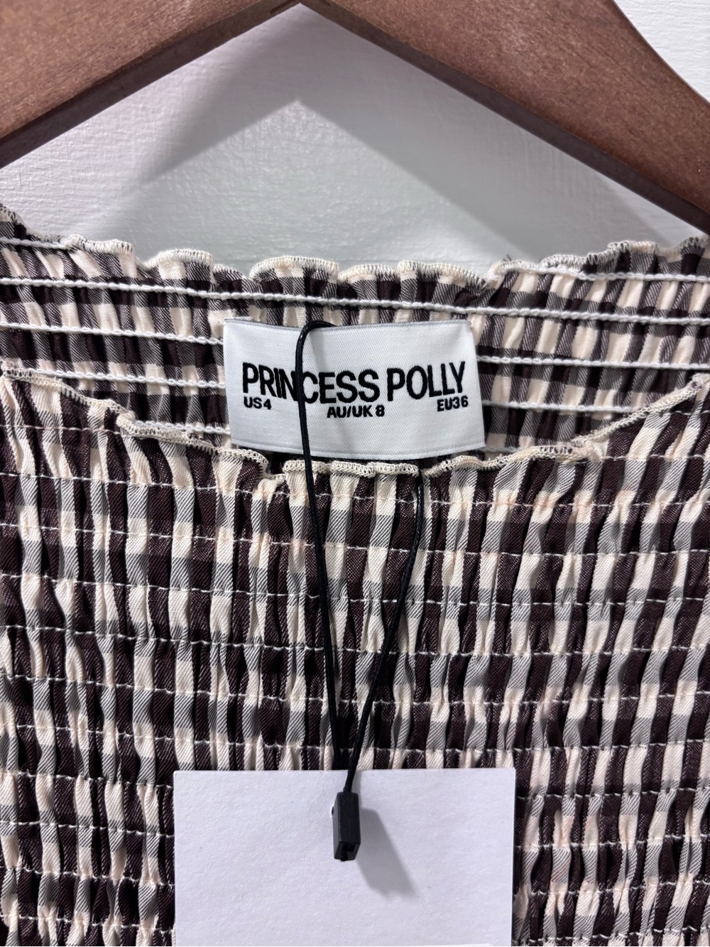Princess Polly Women’s Laurita Shirred Mini Dress Size 4 Brown Check New W/ Tags - Picture 5 of 8